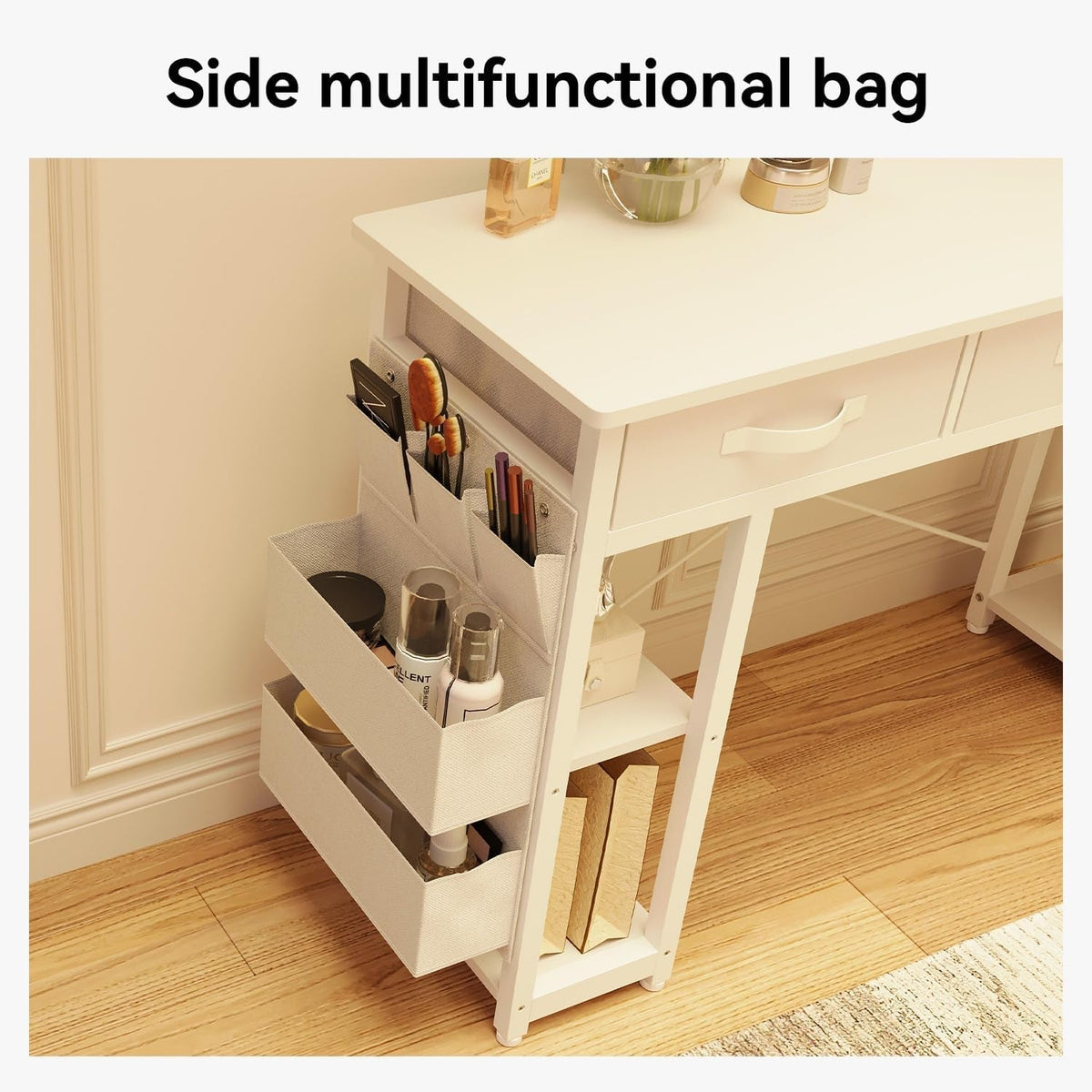 White Vanity Desk With LED Lighting And Fabric Drawers
