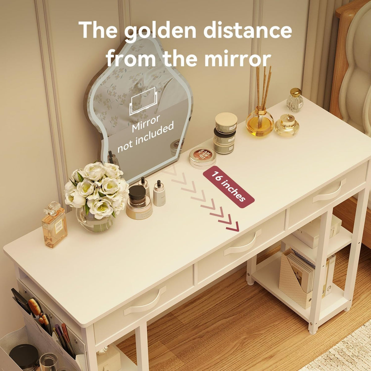 White Vanity Desk With LED Lighting And Fabric Drawers