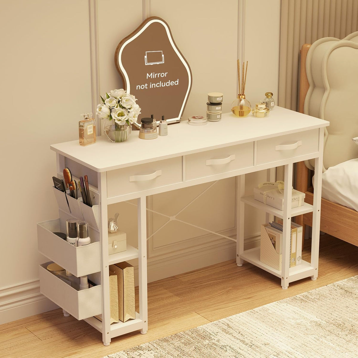 White Vanity Desk With LED Lighting And Fabric Drawers