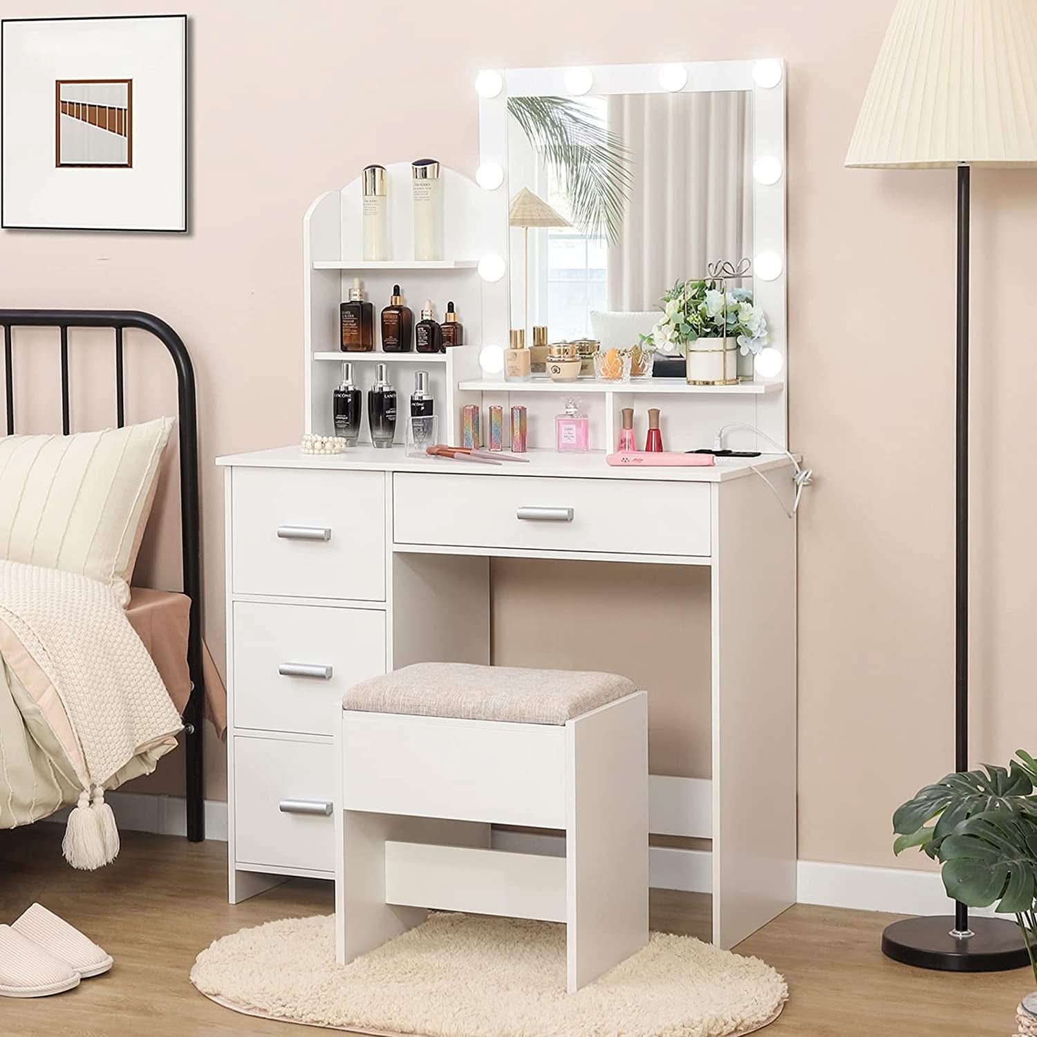 White Vanity Desk With Lighted Mirror And Charging Station