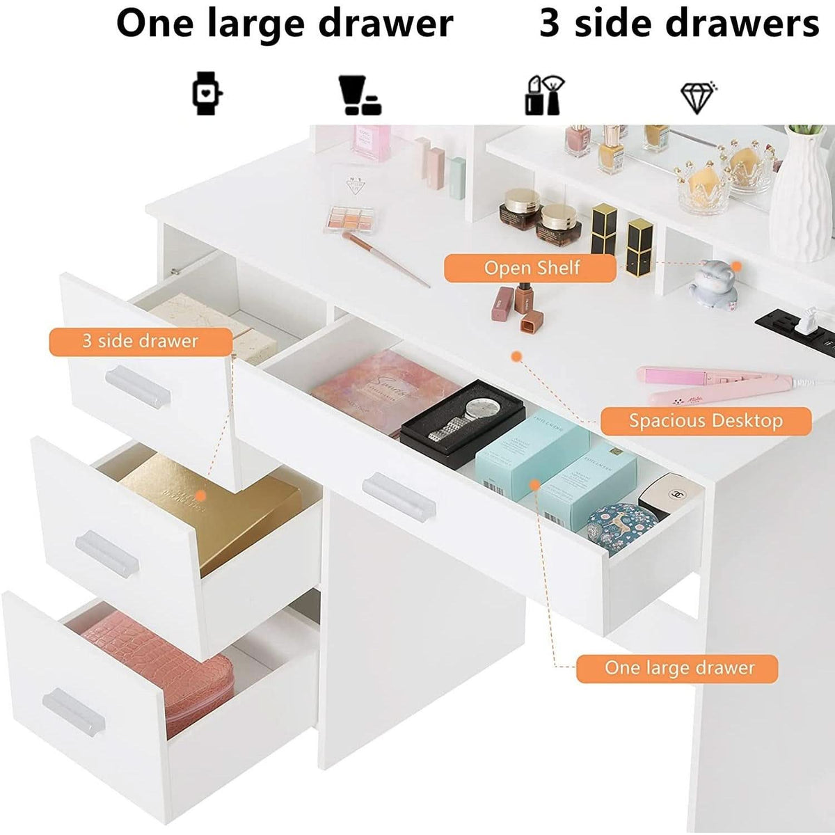 White Vanity Desk With Lighted Mirror And Charging Station