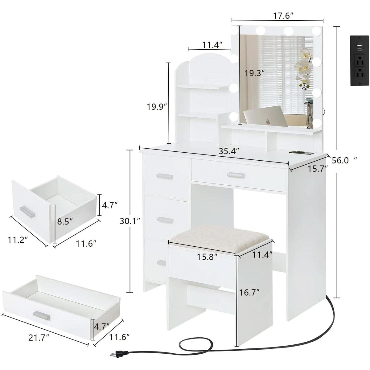 White Vanity Desk With Lighted Mirror And Charging Station