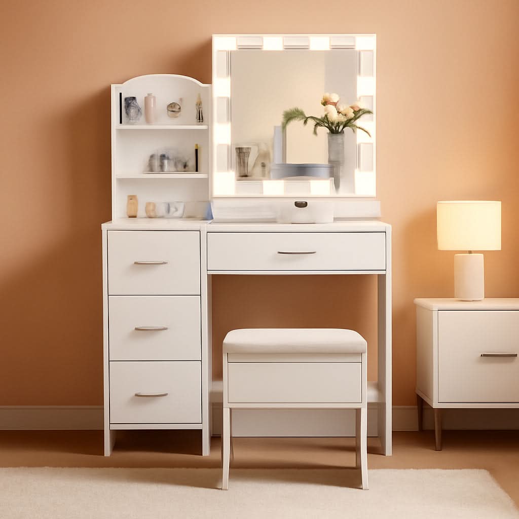 White Vanity Desk With Lighted Mirror And Charging Station