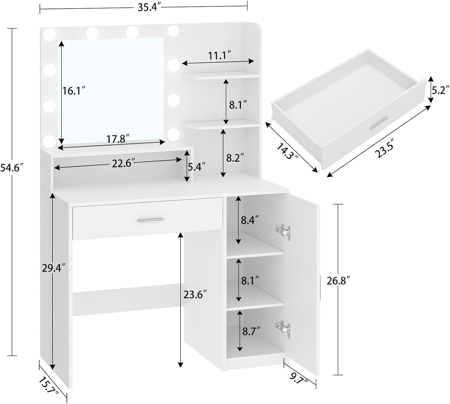 White Vanity Desk With Mirror And Lights Storage Drawers