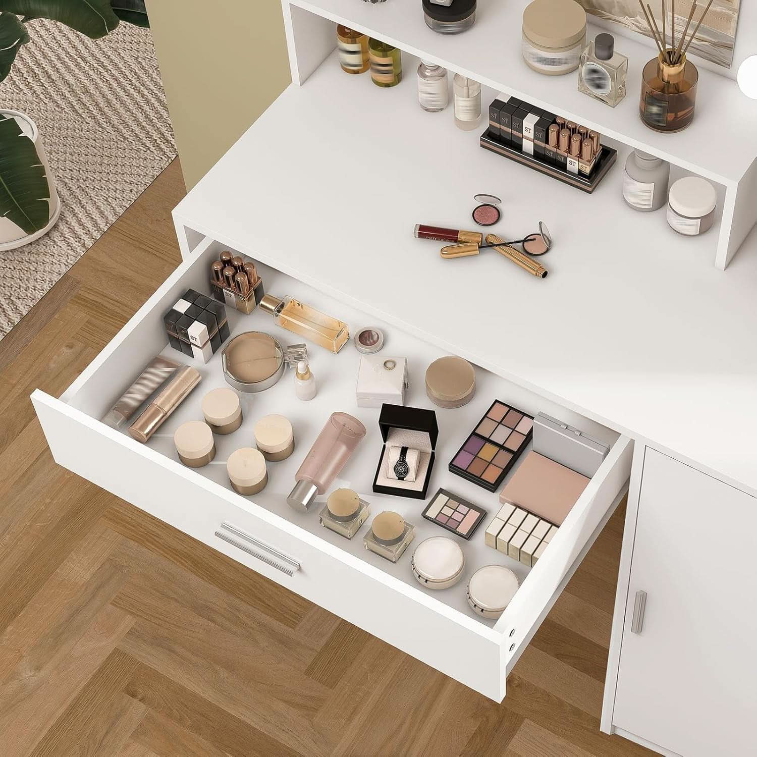 White Vanity Desk With Mirror And Lights Storage Drawers