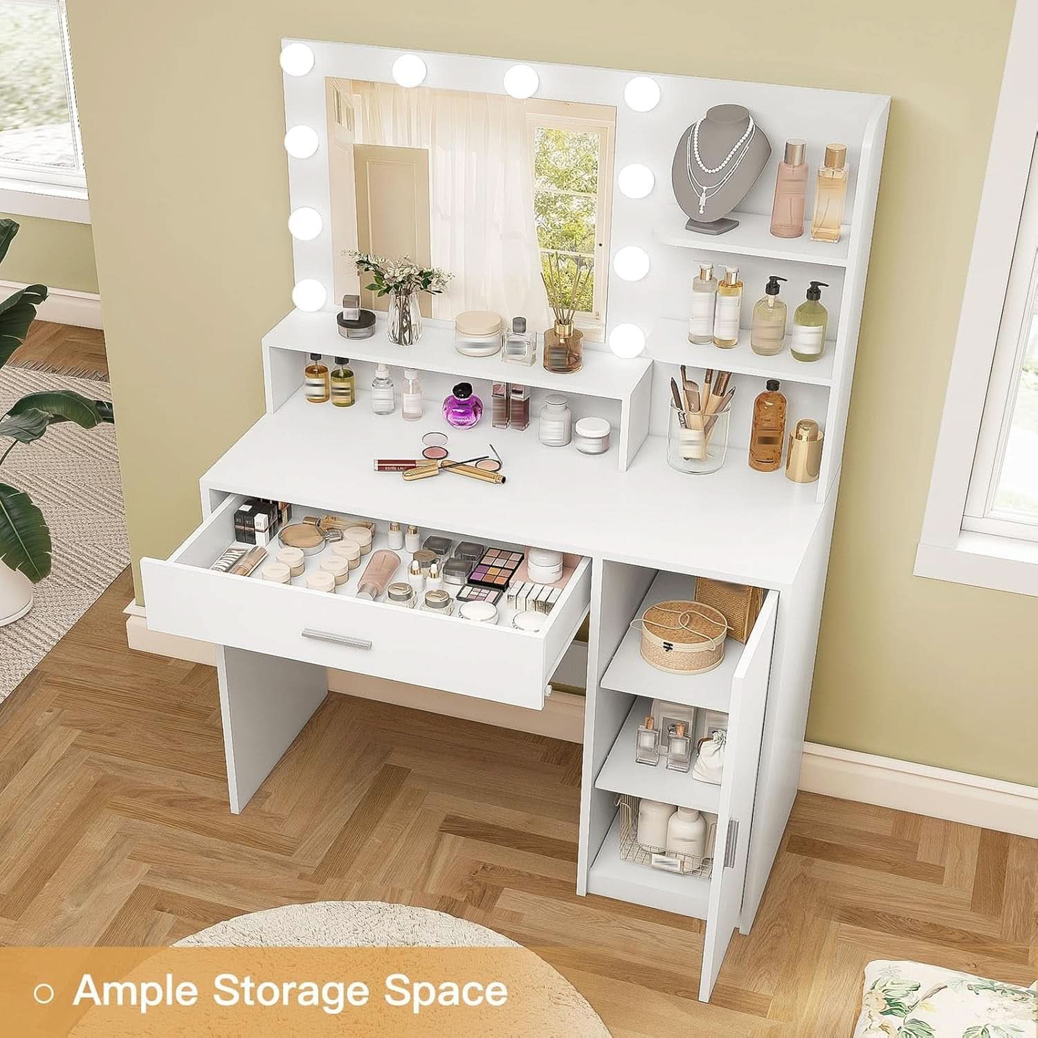White Vanity Desk With Mirror And Lights Storage Drawers
