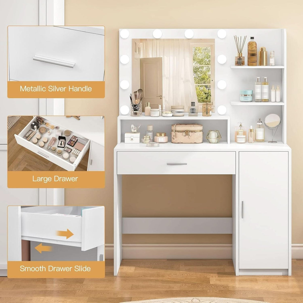 White Vanity Desk With Mirror And Lights Storage Drawers