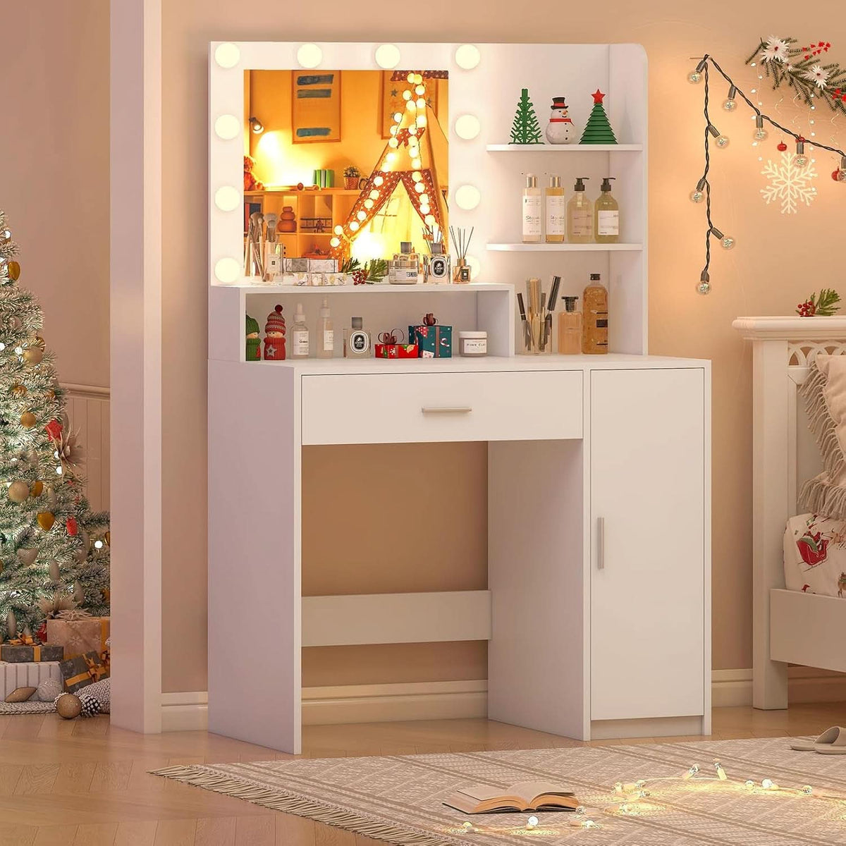 White Vanity Desk With Mirror And Lights Storage Drawers