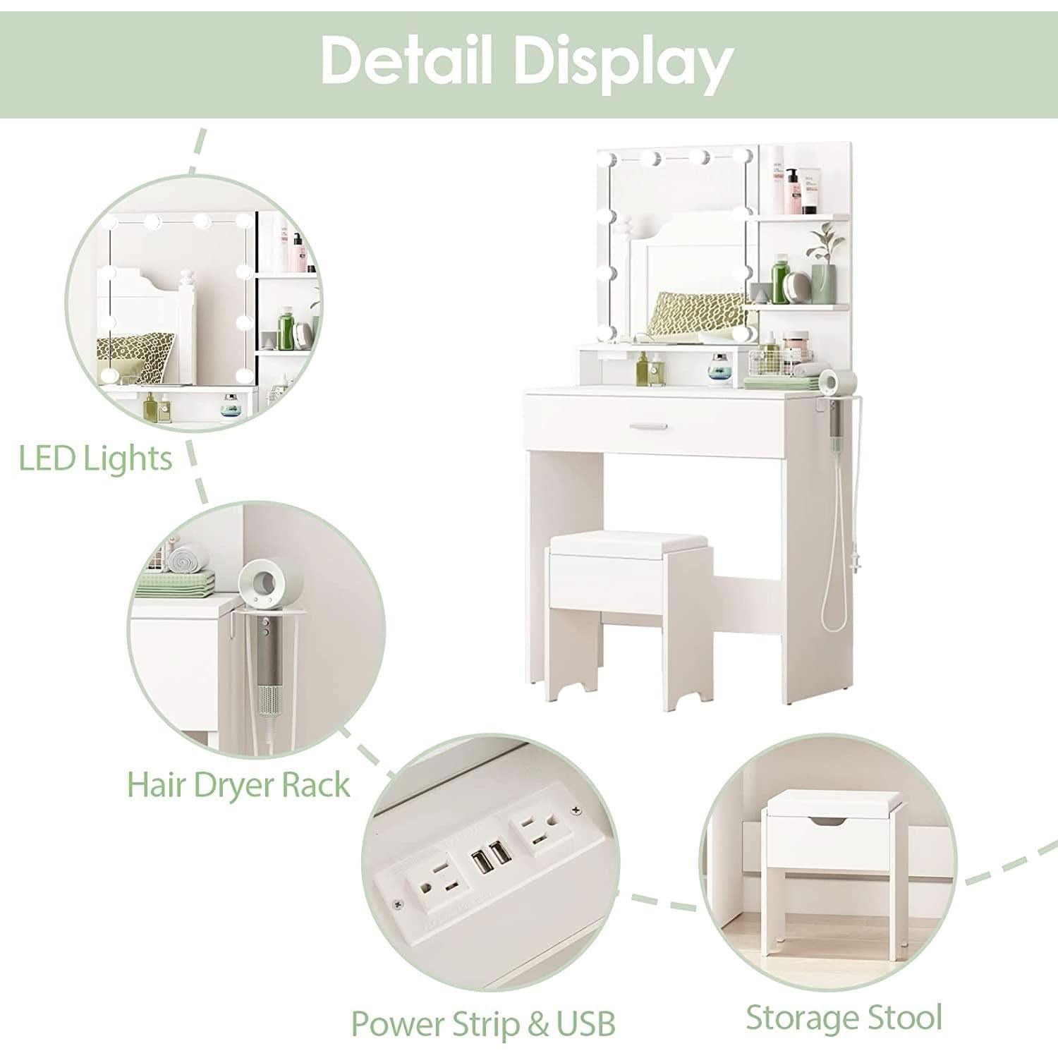 White Vanity Set With Lighted Mirror And Built In Power