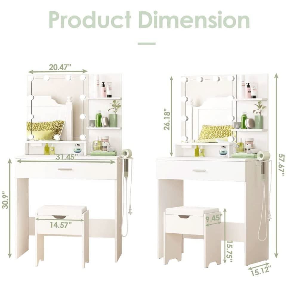 White Vanity Set With Lighted Mirror And Built In Power