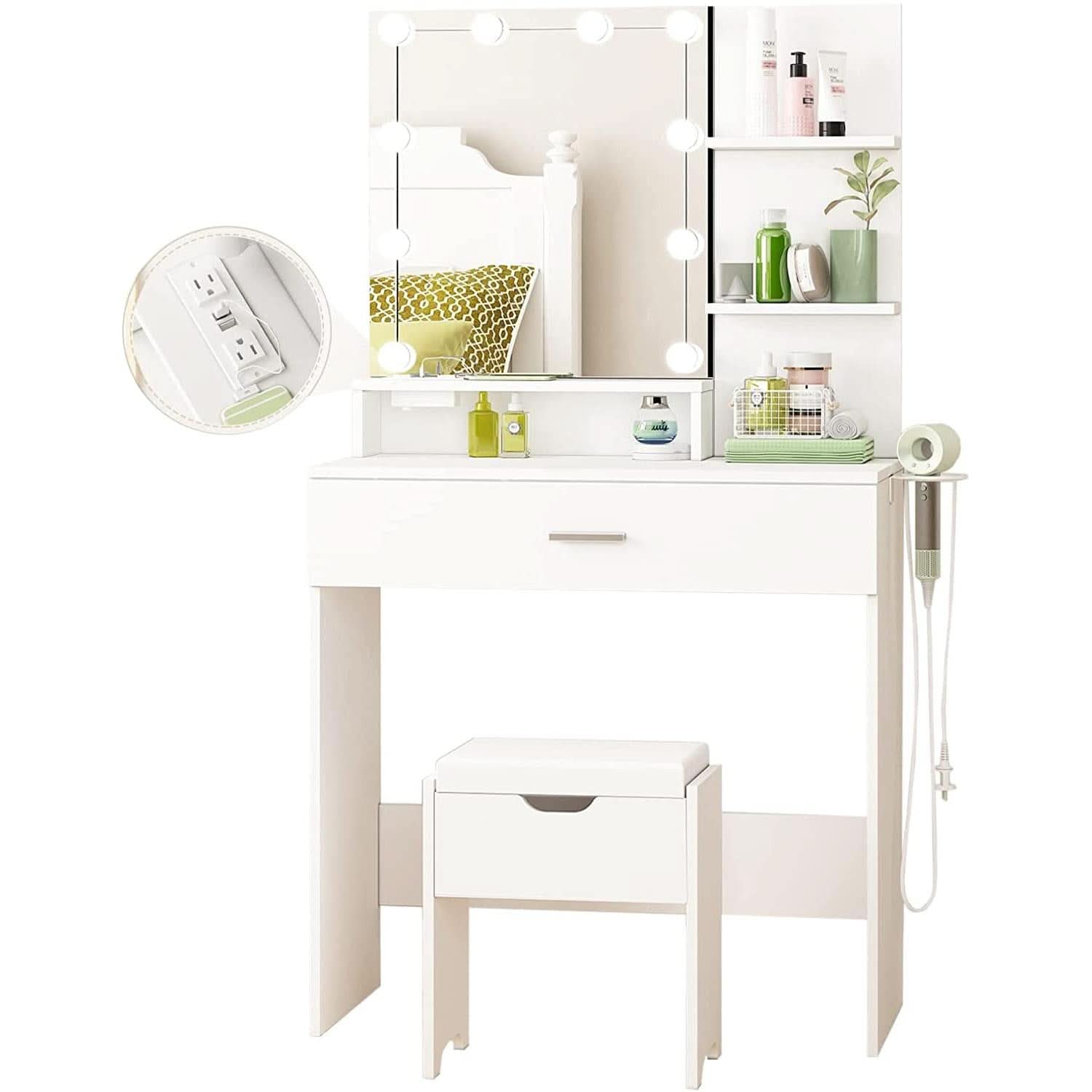 White Vanity Set With Lighted Mirror And Built In Power