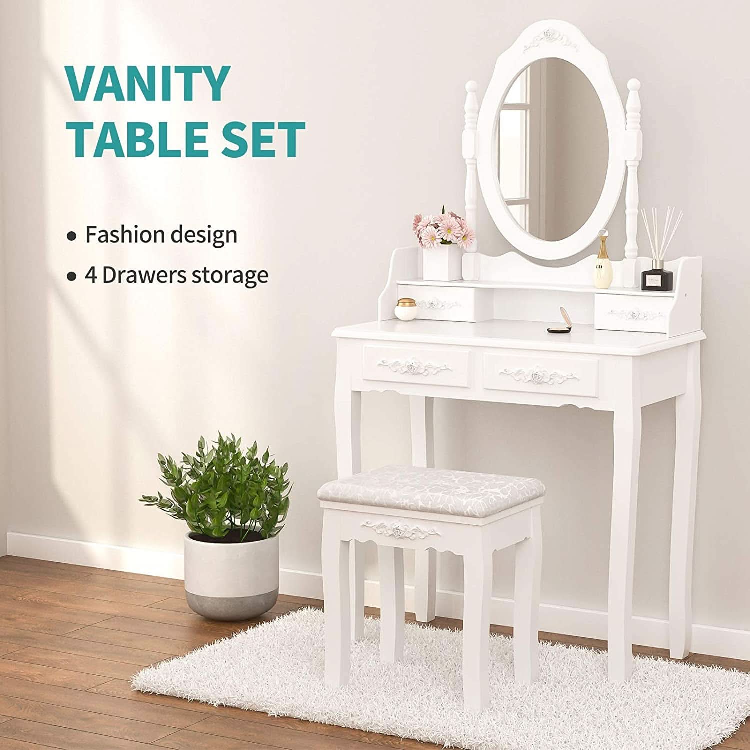 White Vanity Table Set With 360 Degree Rotating Mirror