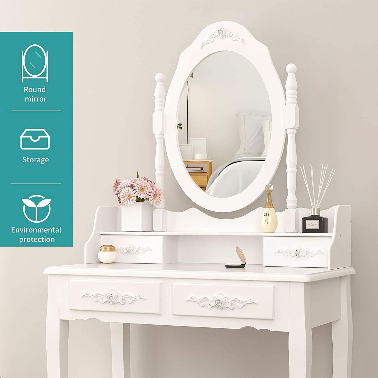 White Vanity Table Set With 360 Degree Rotating Mirror