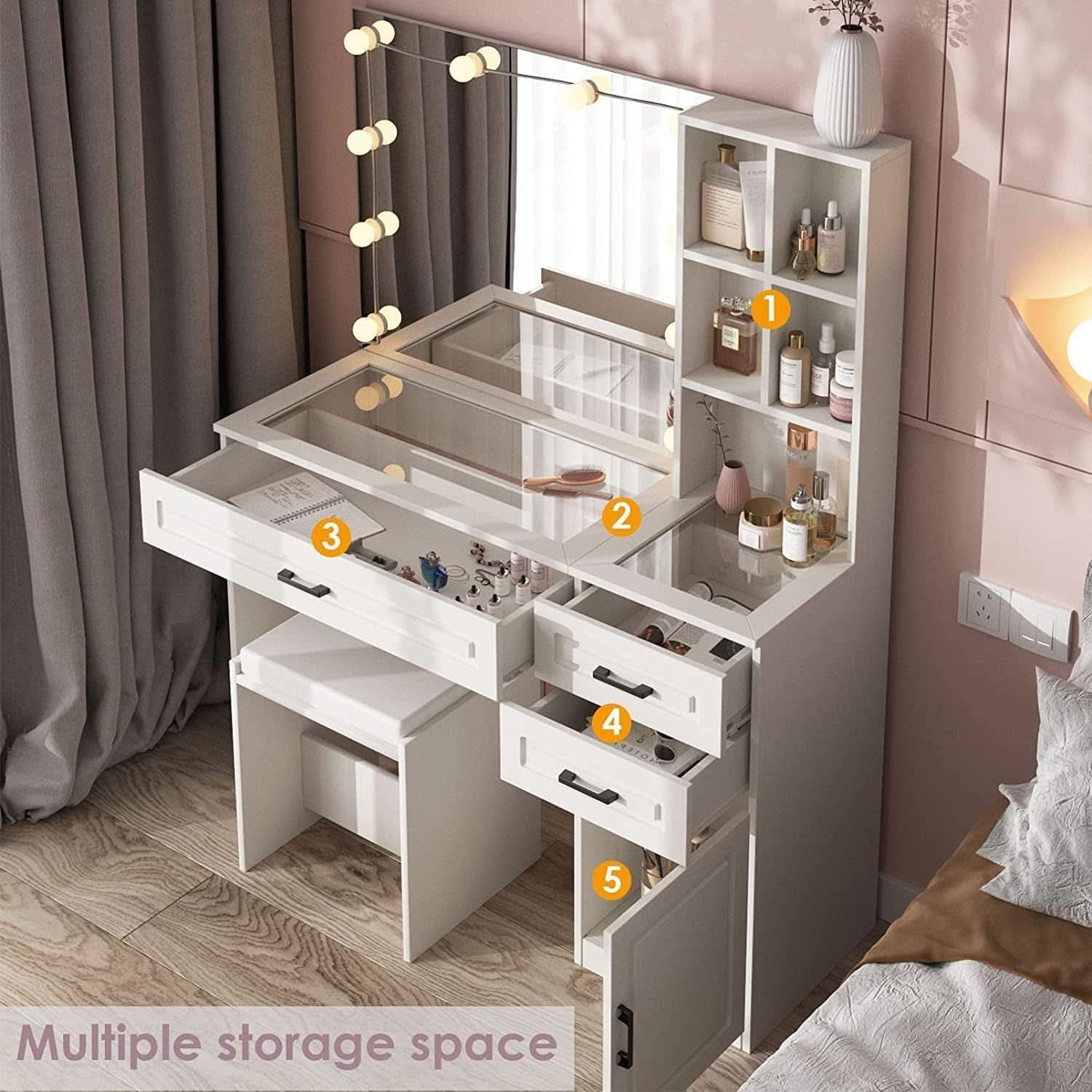 White Vanity Table Set With Glass Top Hollywood Mirror