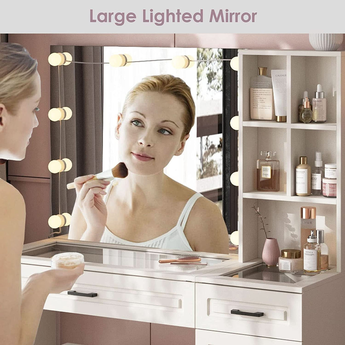 White Vanity Table Set With Glass Top Hollywood Mirror