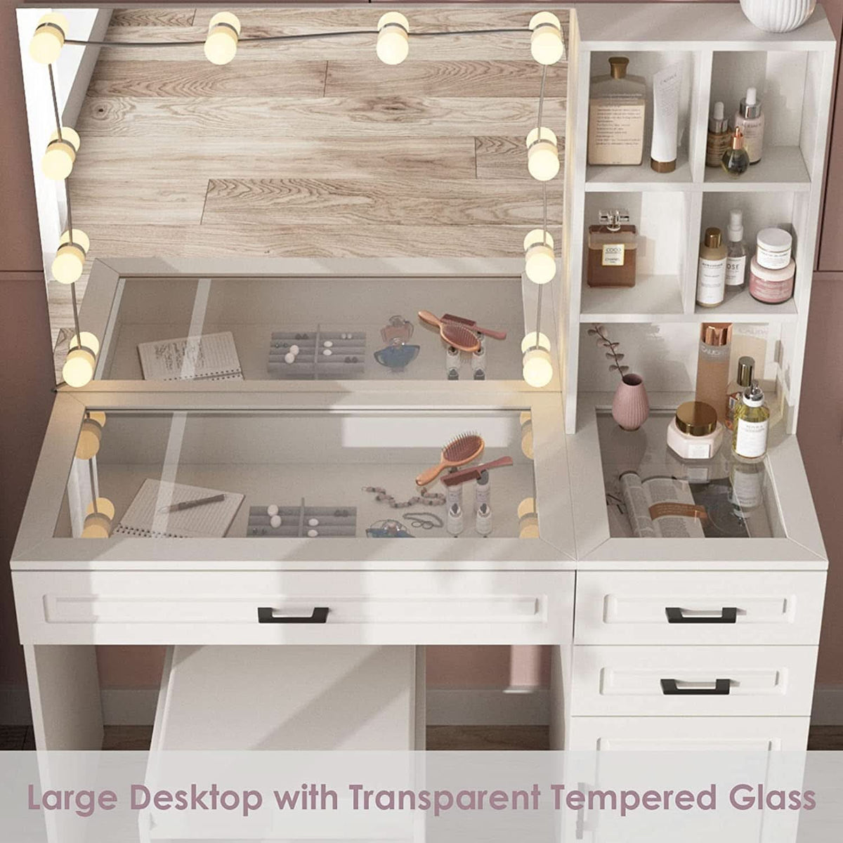 White Vanity Table Set With Glass Top Hollywood Mirror
