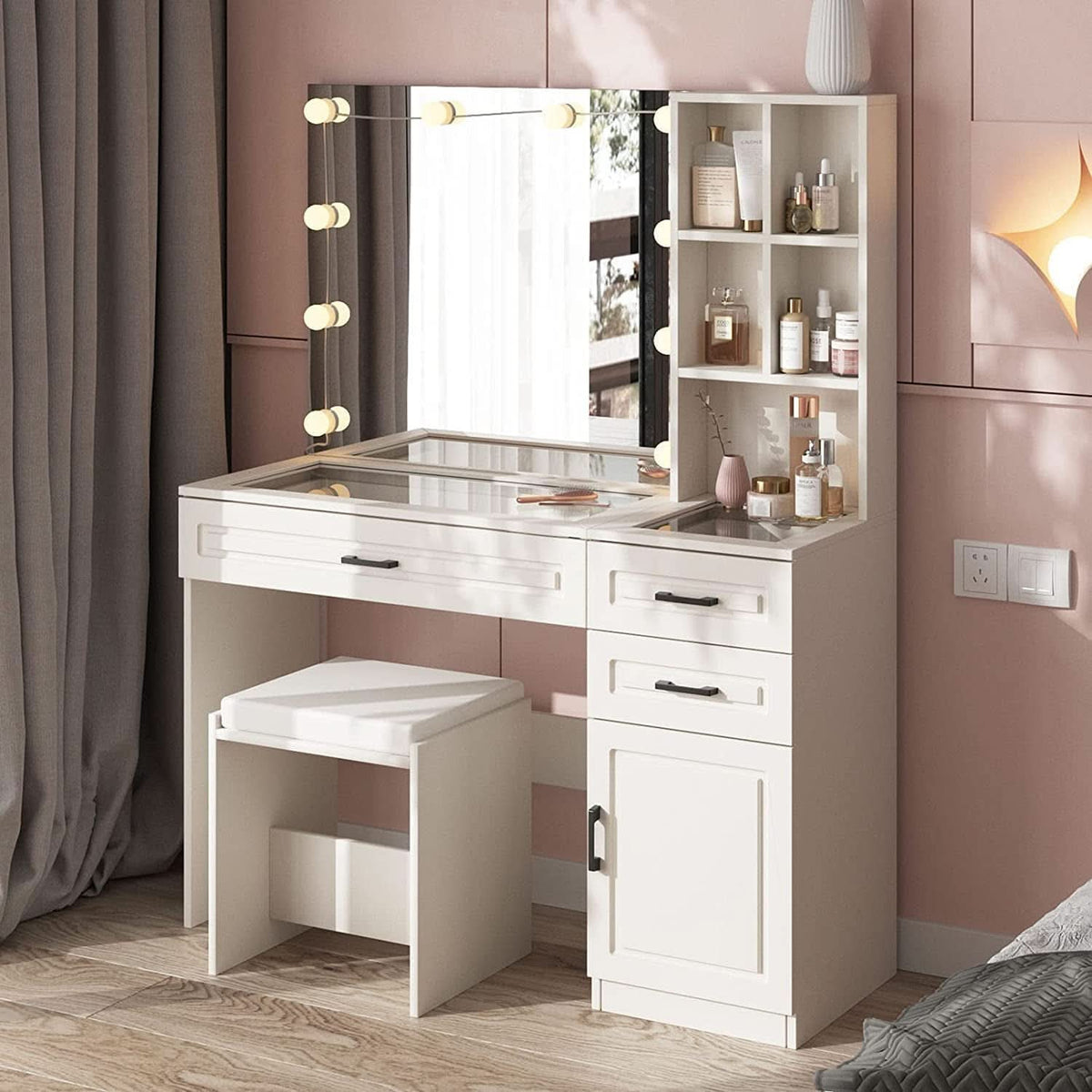 White Vanity Table Set With Glass Top Hollywood Mirror