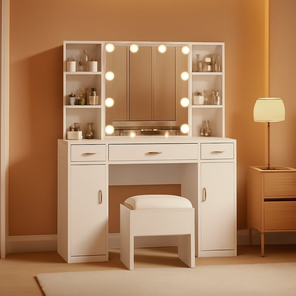 White Vanity Table With Drawers And Cabinets Six Shelves