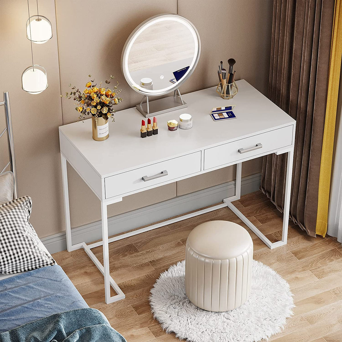 White Vanity Table With Gold Metal Frame And Two Drawers