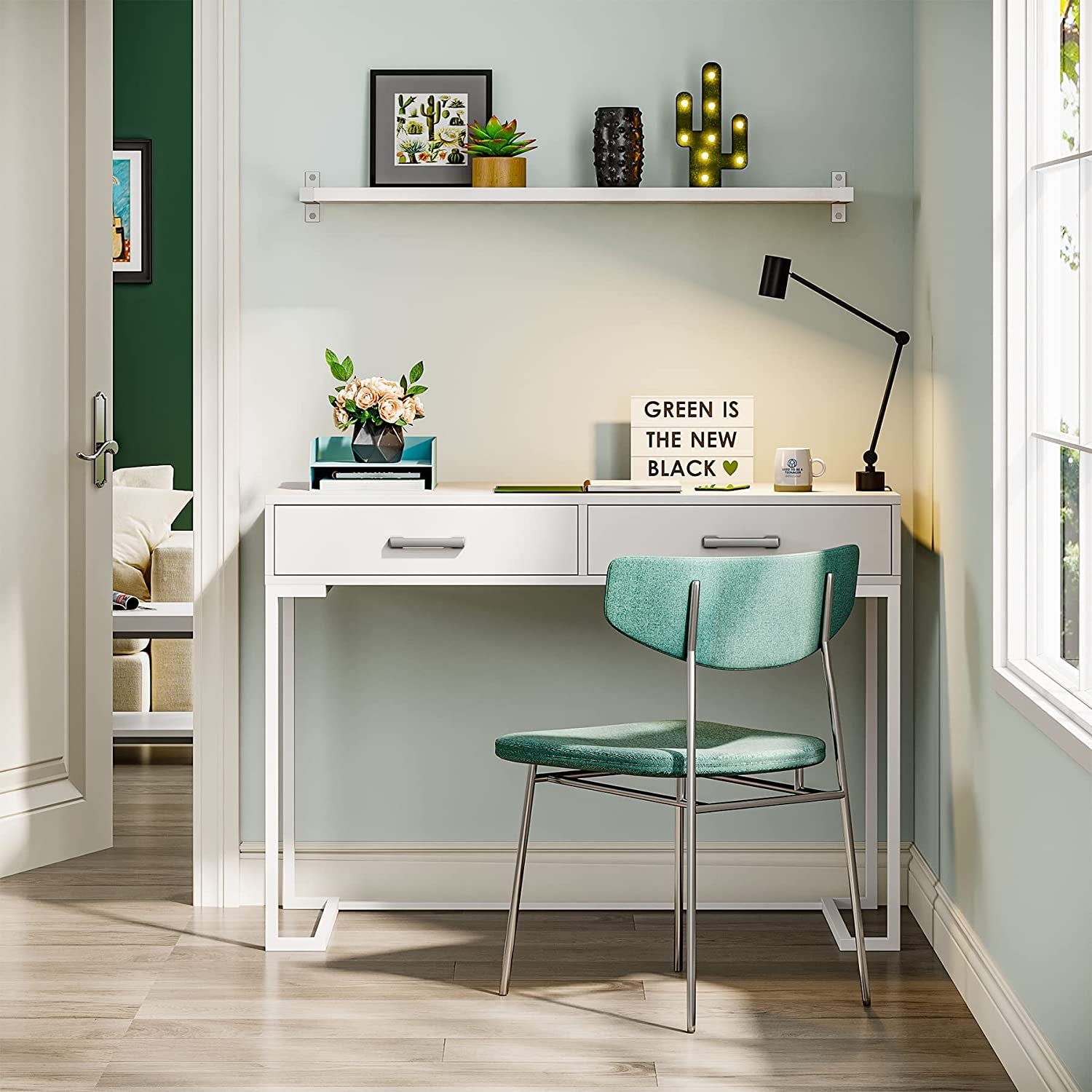White Vanity Table With Gold Metal Frame And Two Drawers