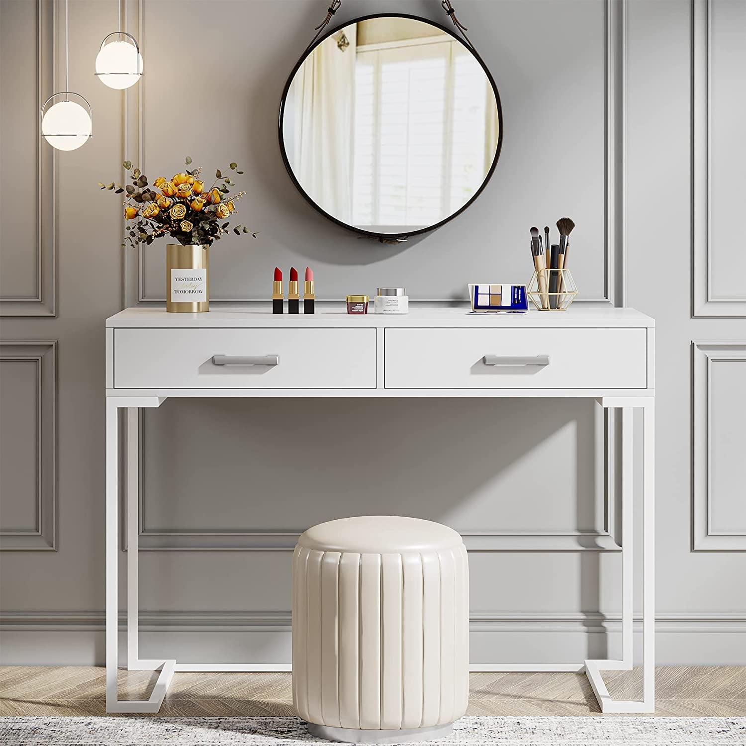 White Vanity Table With Gold Metal Frame And Two Drawers