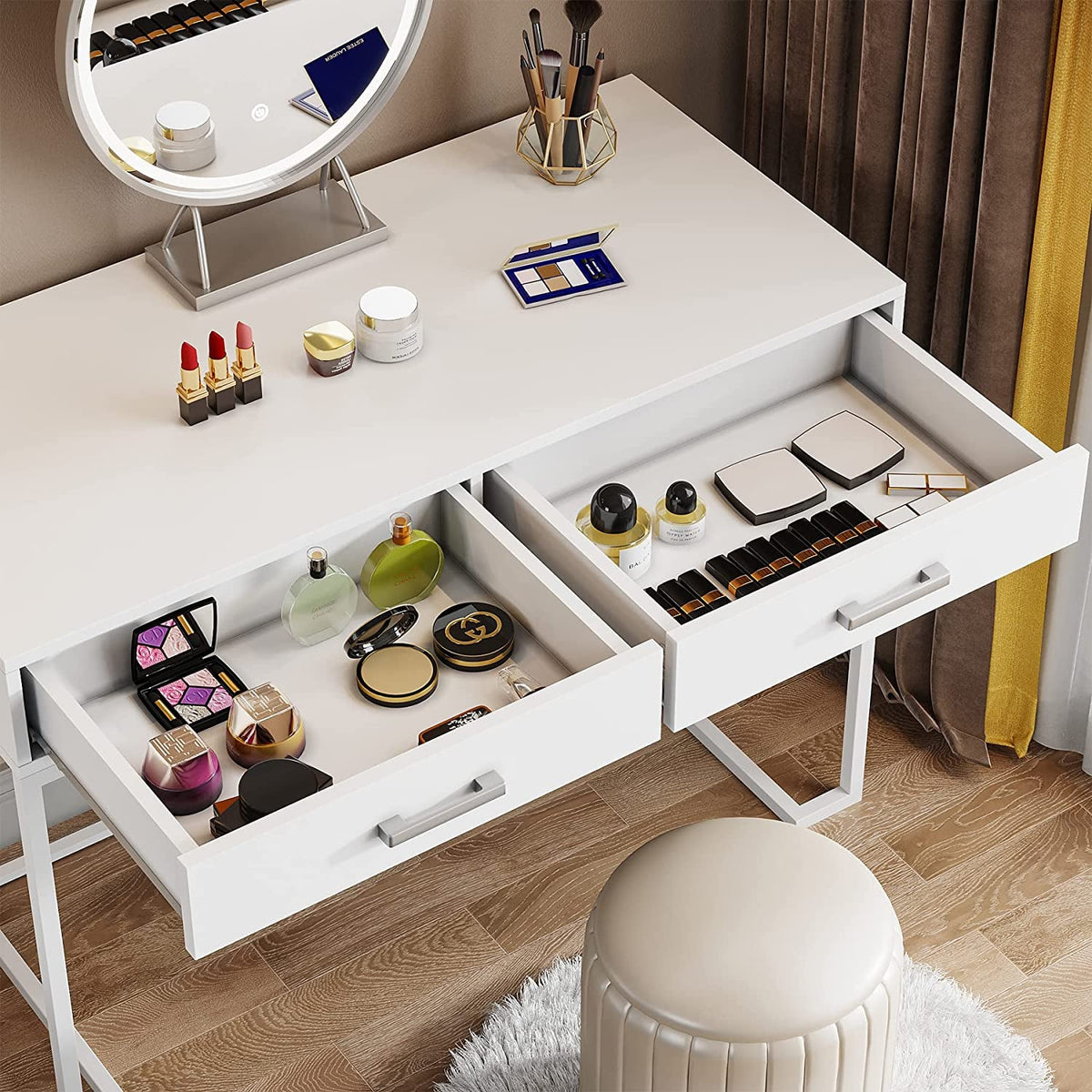 White Vanity Table With Gold Metal Frame And Two Drawers
