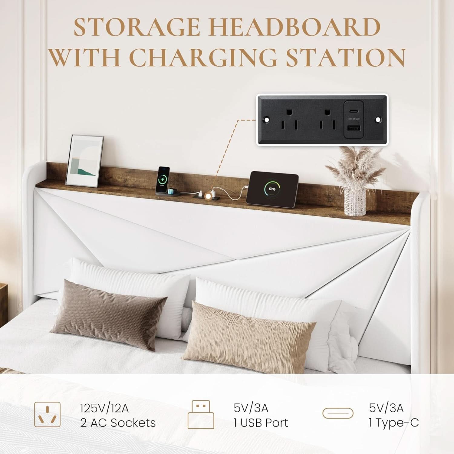 White Velvet Upholstered Bed Frame With USB Type C Ports