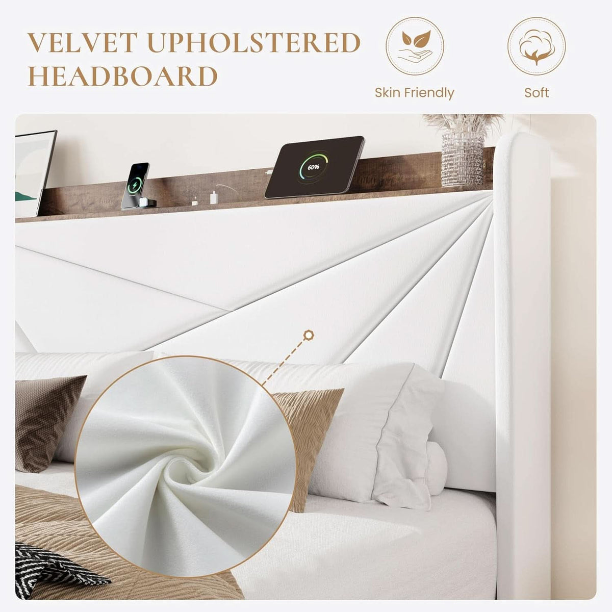 White Velvet Upholstered Bed Frame With USB Type C Ports