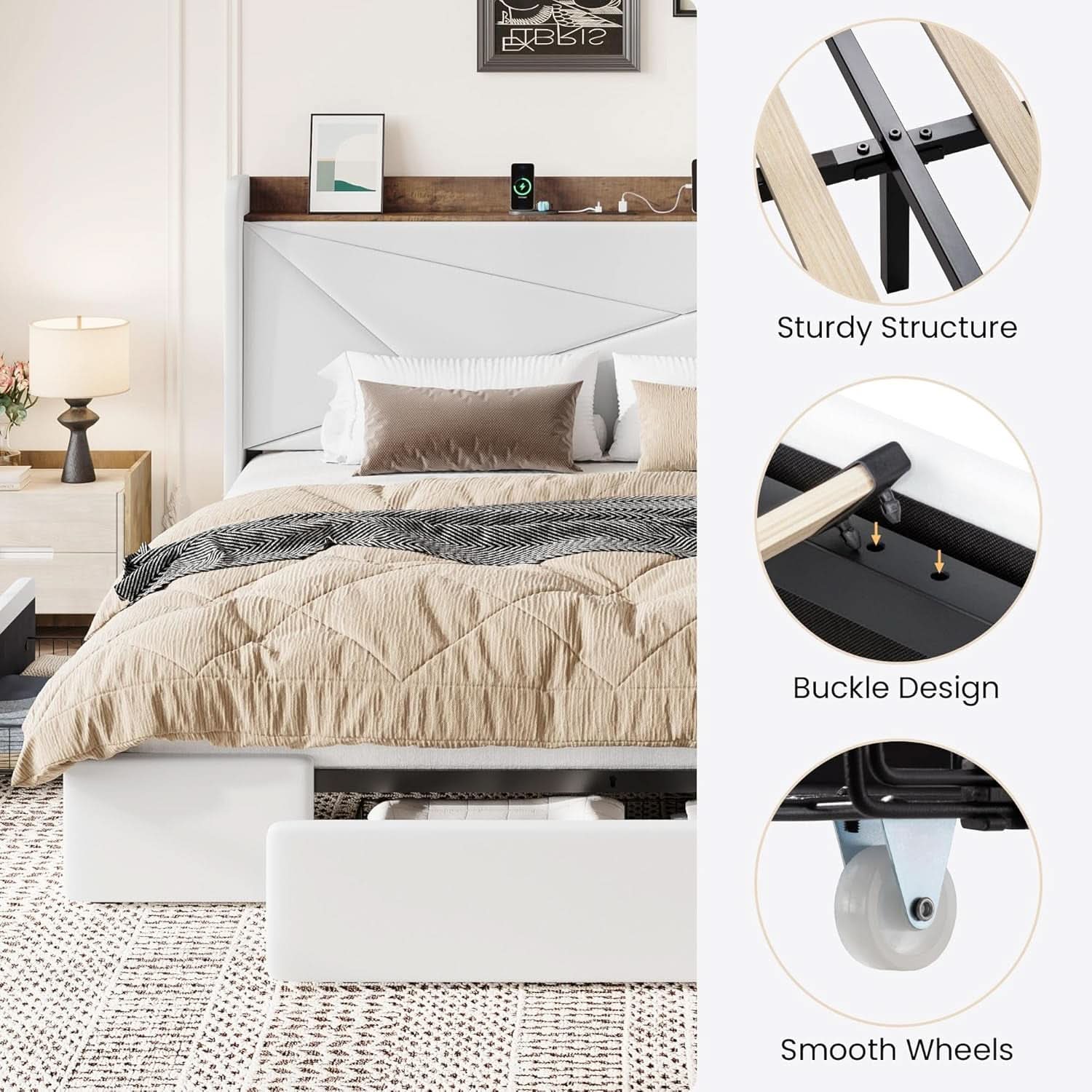 White Velvet Upholstered Bed Frame With USB Type C Ports