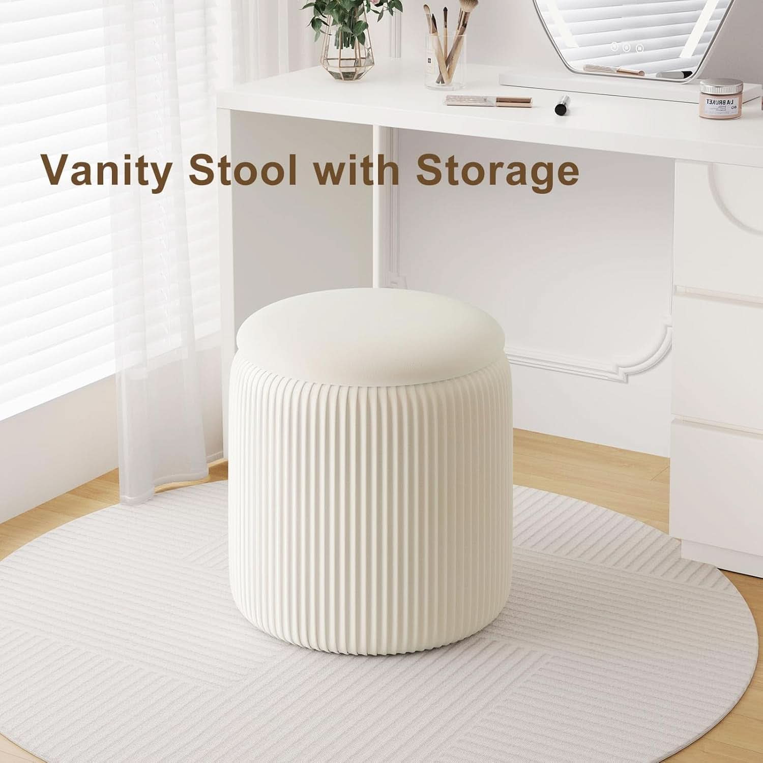 White Velvet Upholstered Storage Ottoman Vanity Set