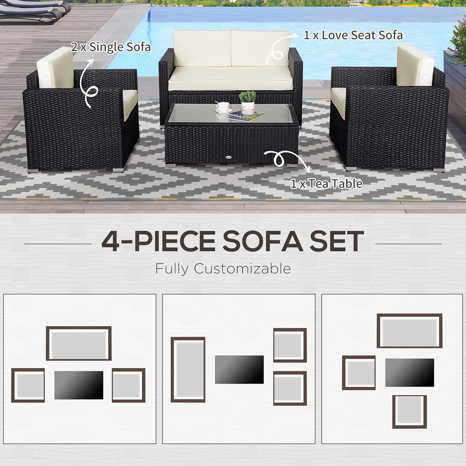 White Wicker 4 Piece Outdoor Patio Sectional Sofa Set