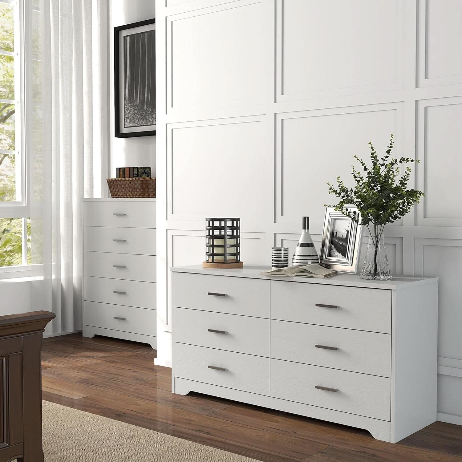 White Wooden 5 Drawer And 6 Drawer Dresser With Side By Side Layout