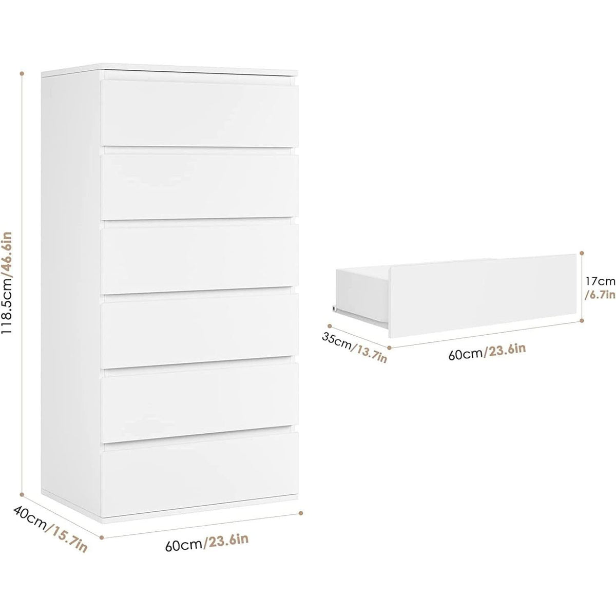 White Wooden 6 Drawer Bedroom Dresser With Sliding Rails