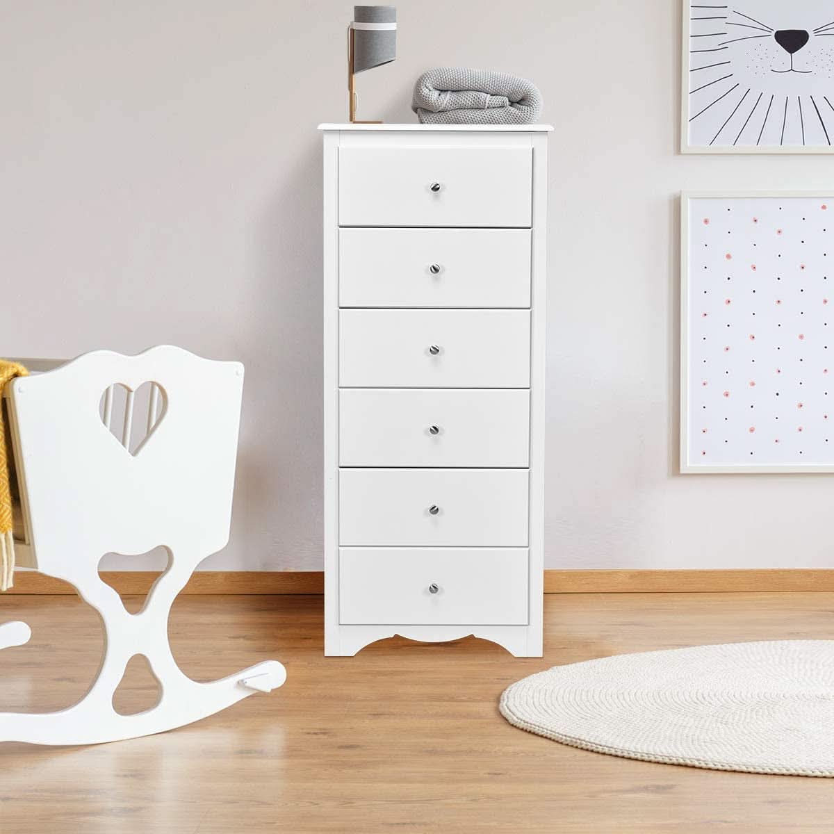 White Wooden 6 Drawer Dresser Chest For Bedroom Storage