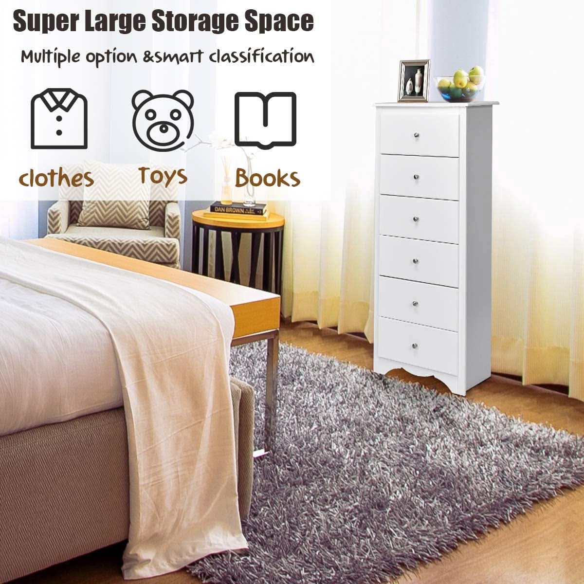 White Wooden 6 Drawer Dresser Chest For Bedroom Storage