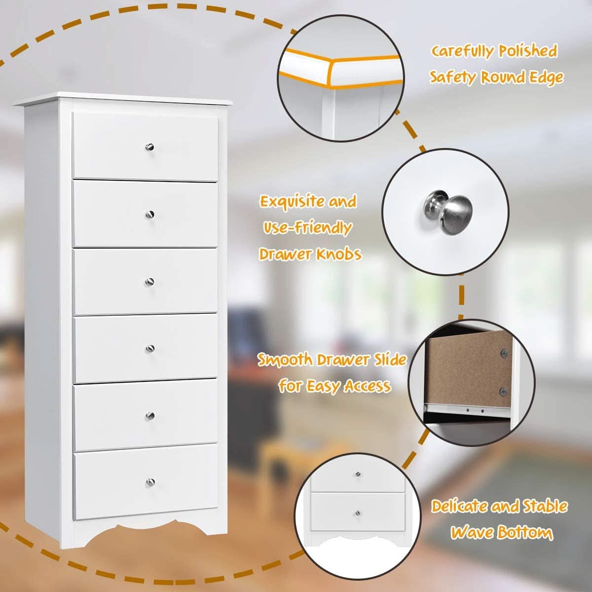 White Wooden 6 Drawer Dresser Chest For Bedroom Storage