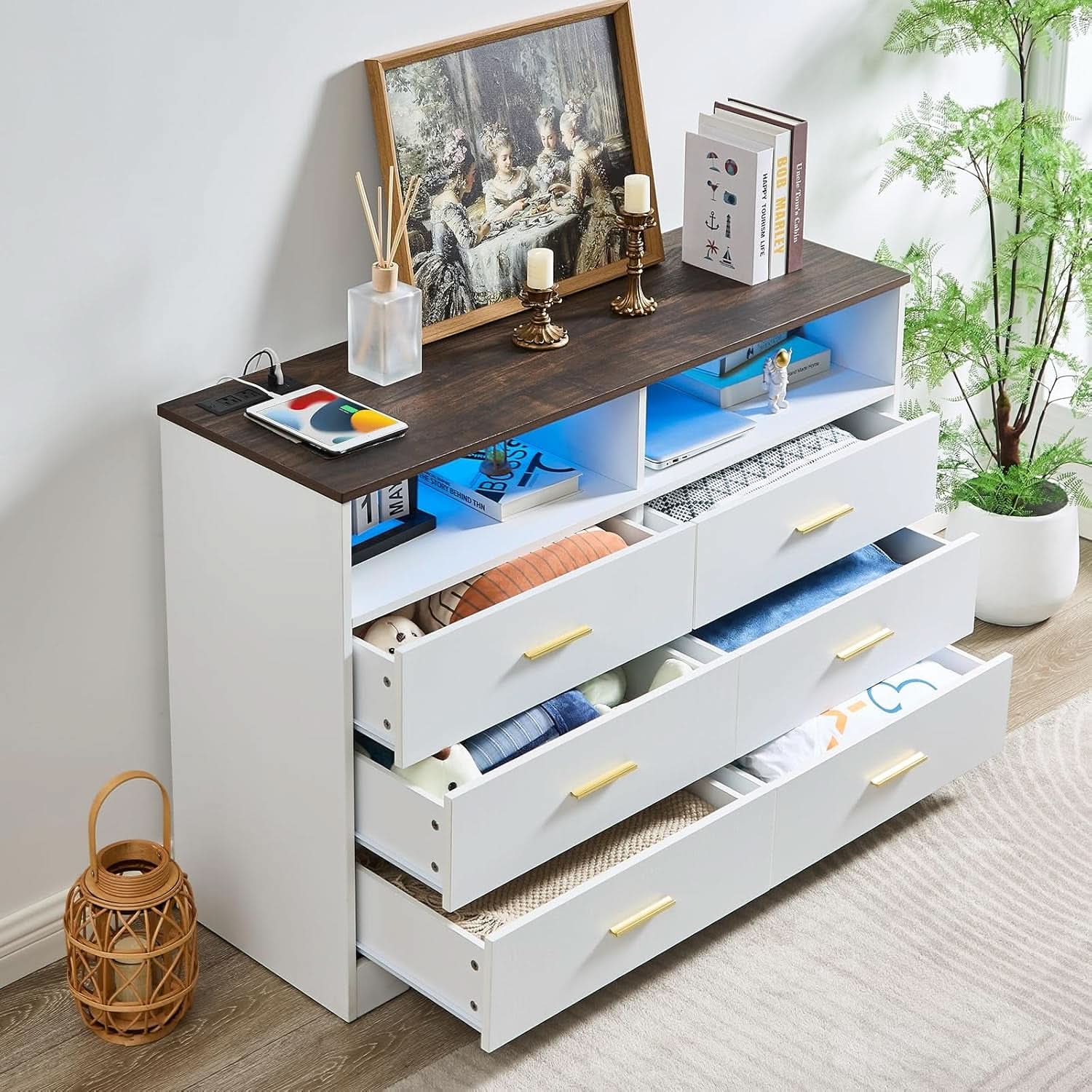 White Wooden Dresser With USB Charge Station For Bedroom