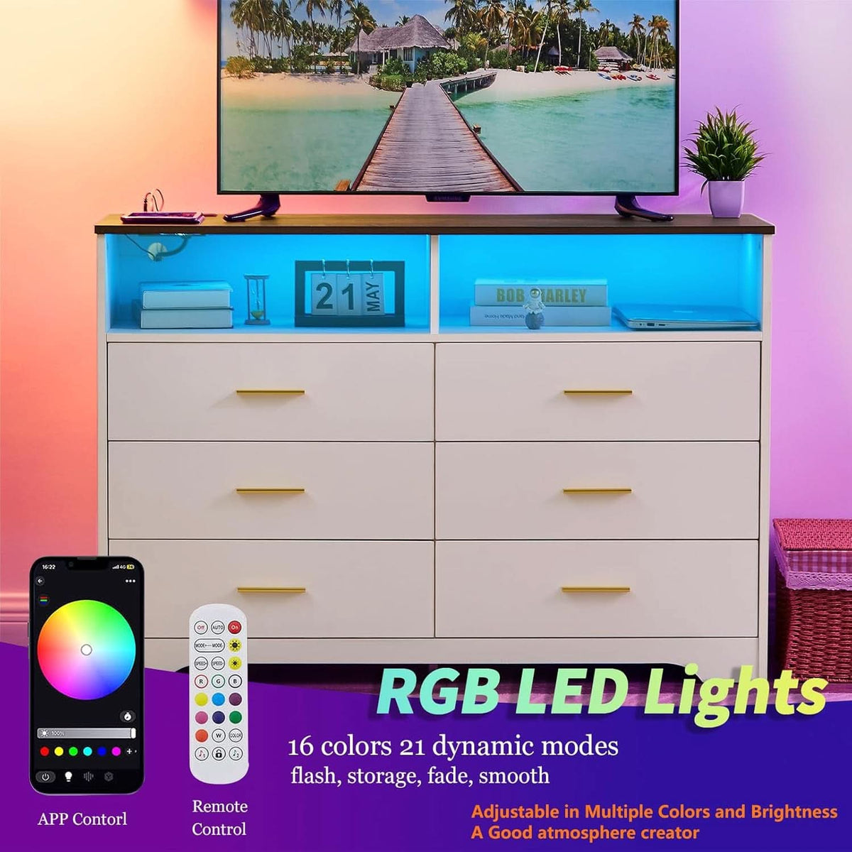 White Wooden Dresser With USB Charge Station For Bedroom