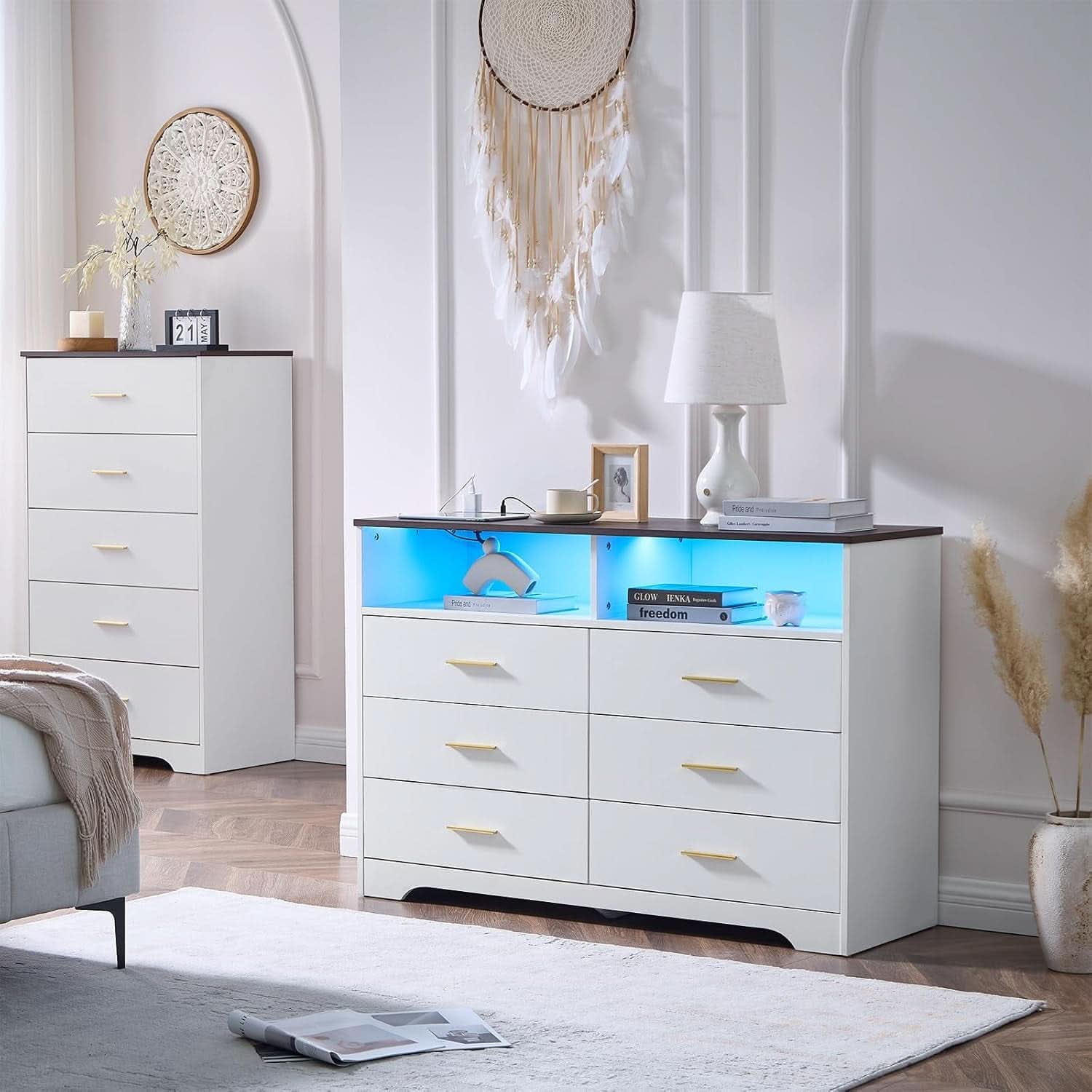 White Wooden Dresser With USB Charge Station For Bedroom
