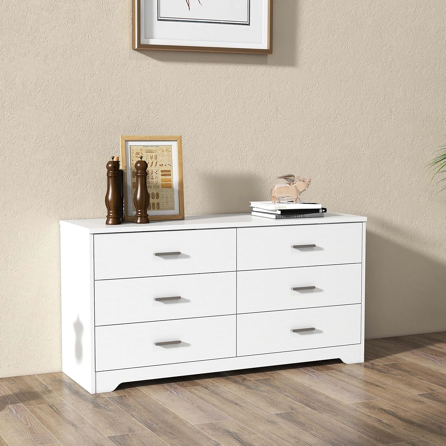 White Wooden Six Drawer Chest of Drawers for Bedroom