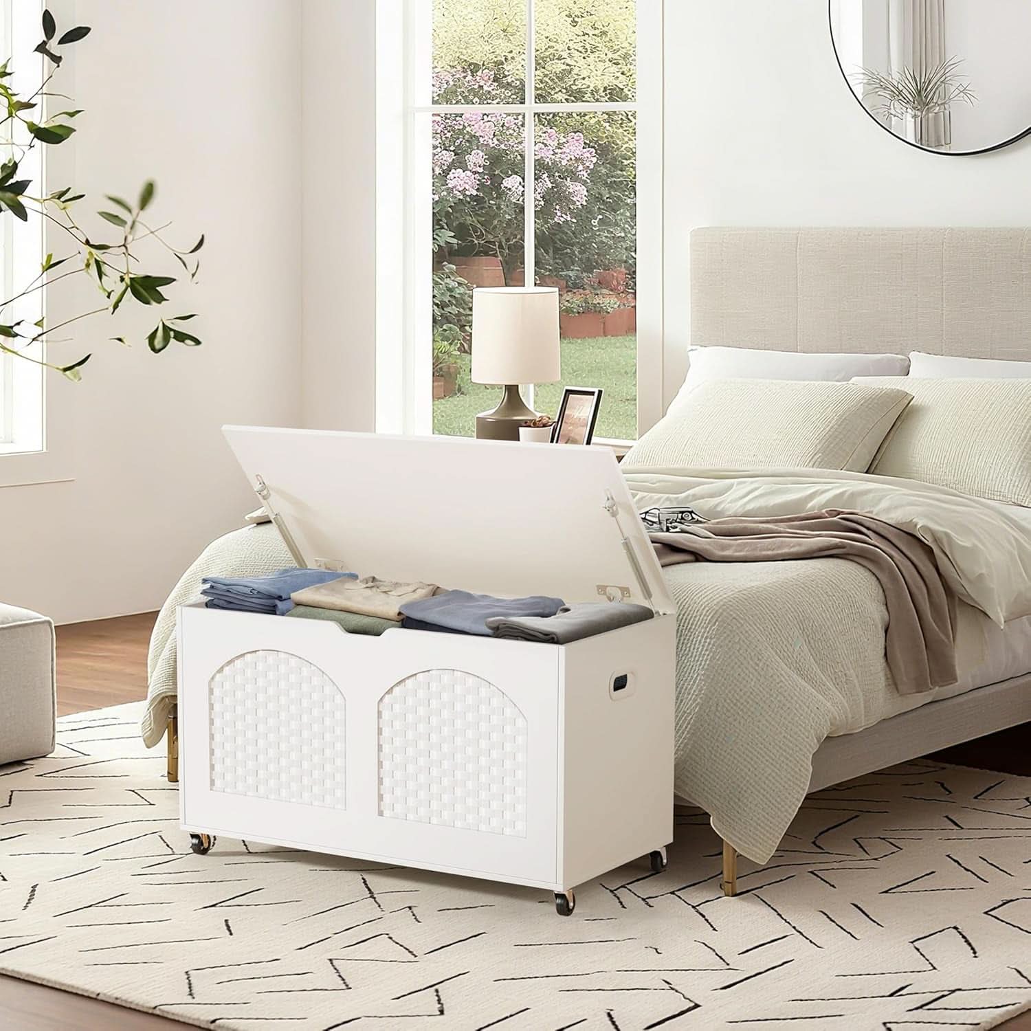 White Wooden Storage Bench On Wheels