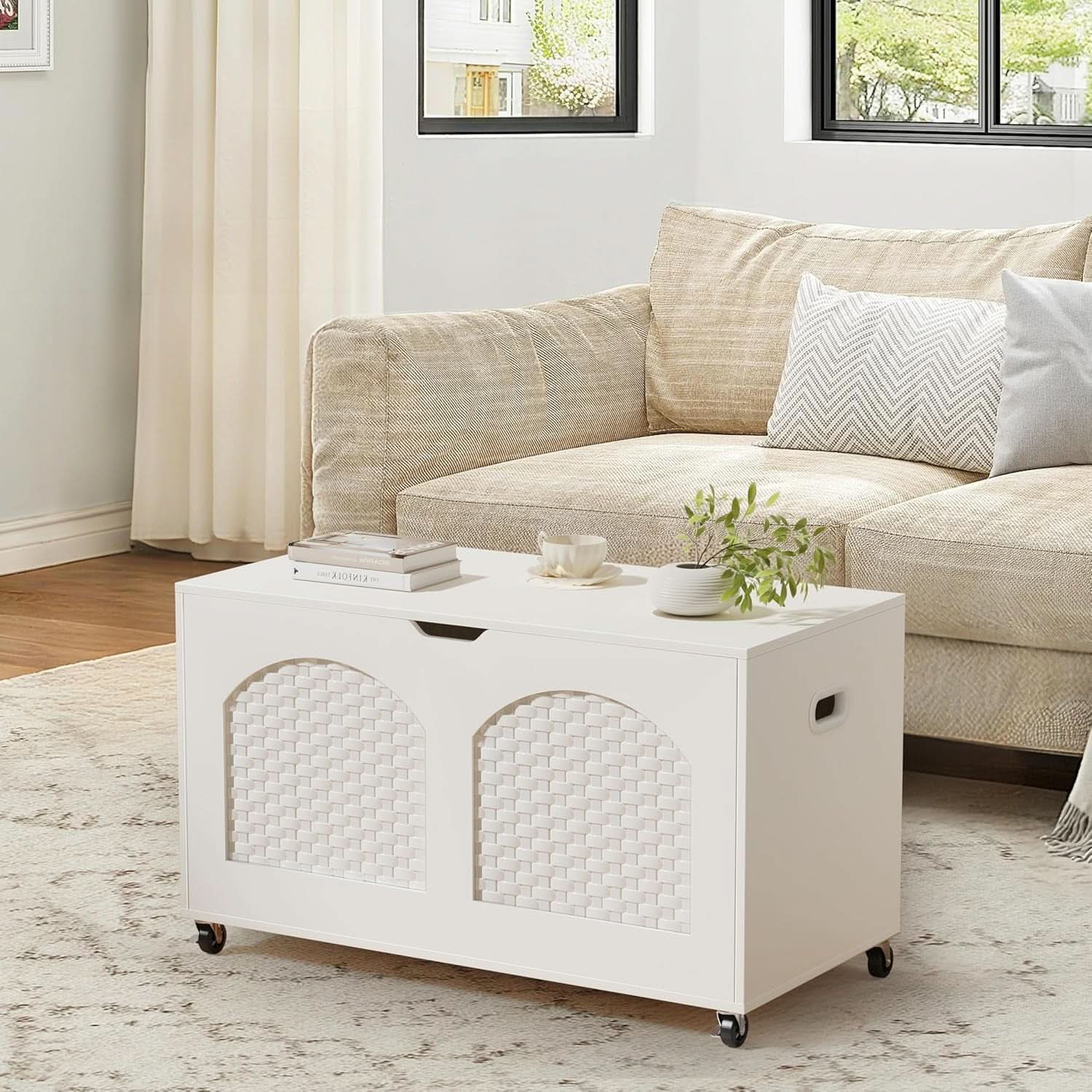 White Wooden Storage Bench On Wheels