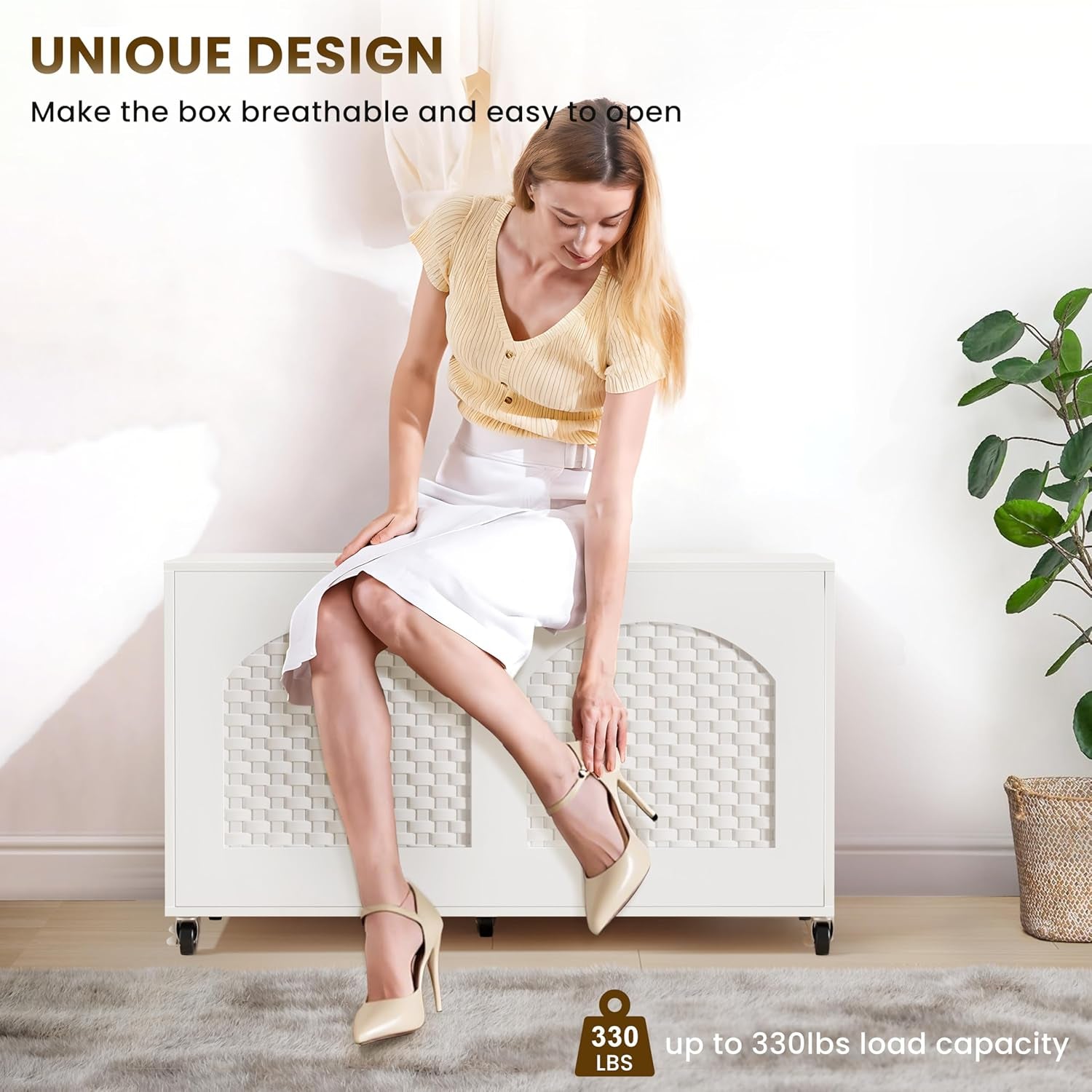 White Wooden Storage Bench On Wheels