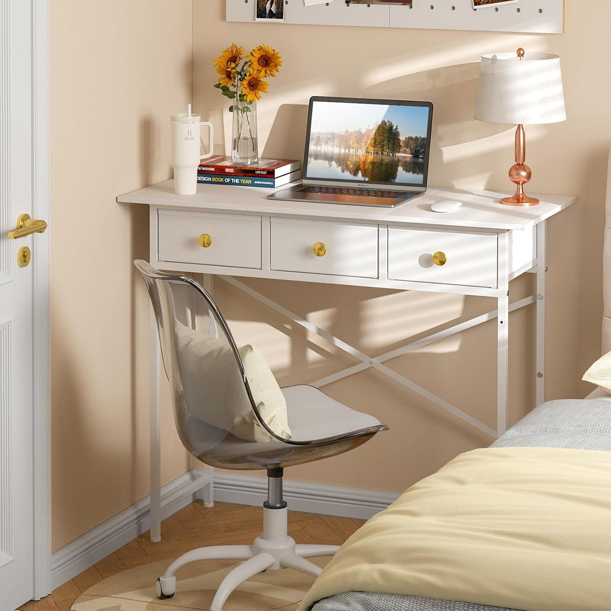White Writing Desk With 3 Drawers For Small Spaces