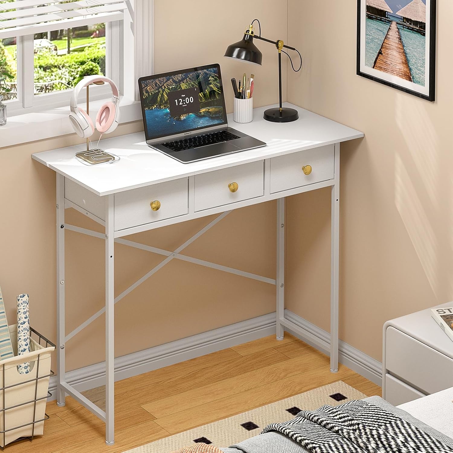 White Writing Desk With 3 Drawers For Small Spaces