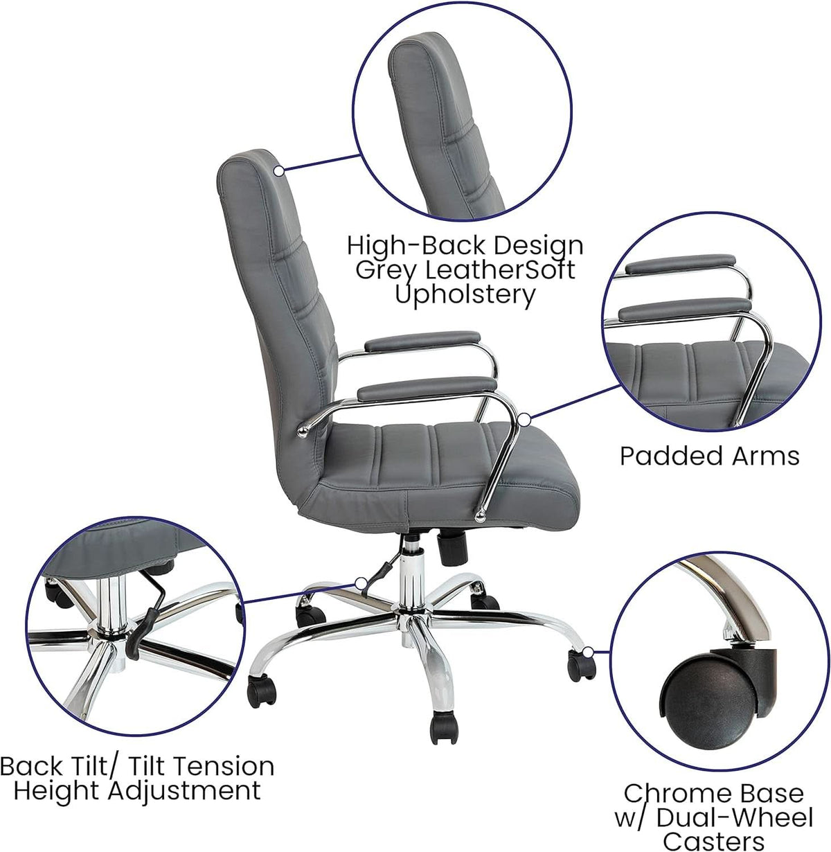 Whitney High Back Leather Office Chair With Adjustable Height Gray Chrome