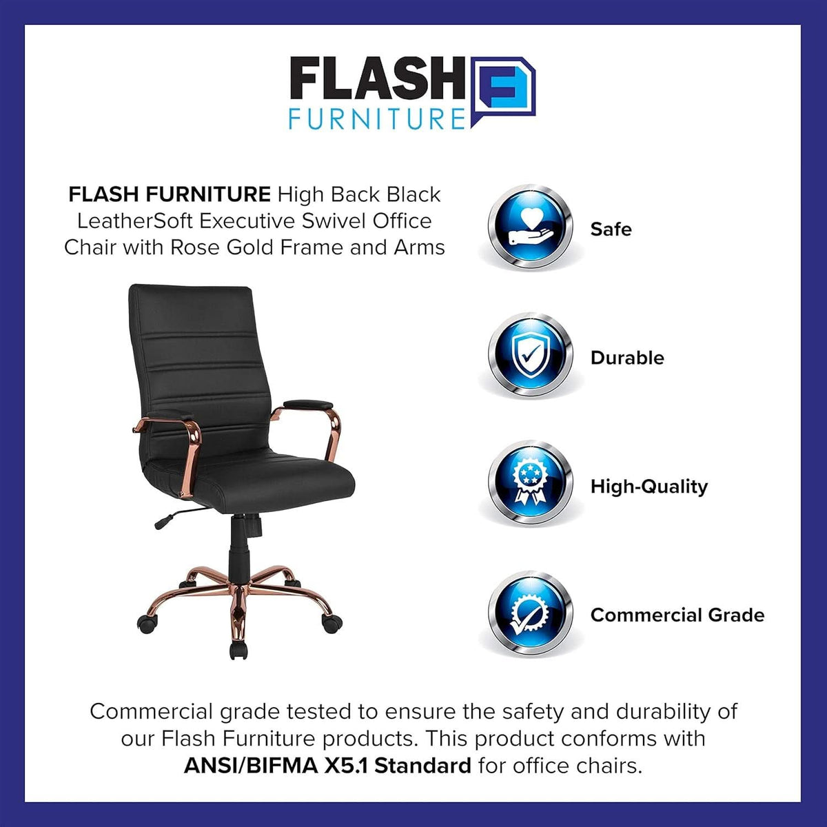 Whitney High Back Swivel Desk Chair Black Rose Gold