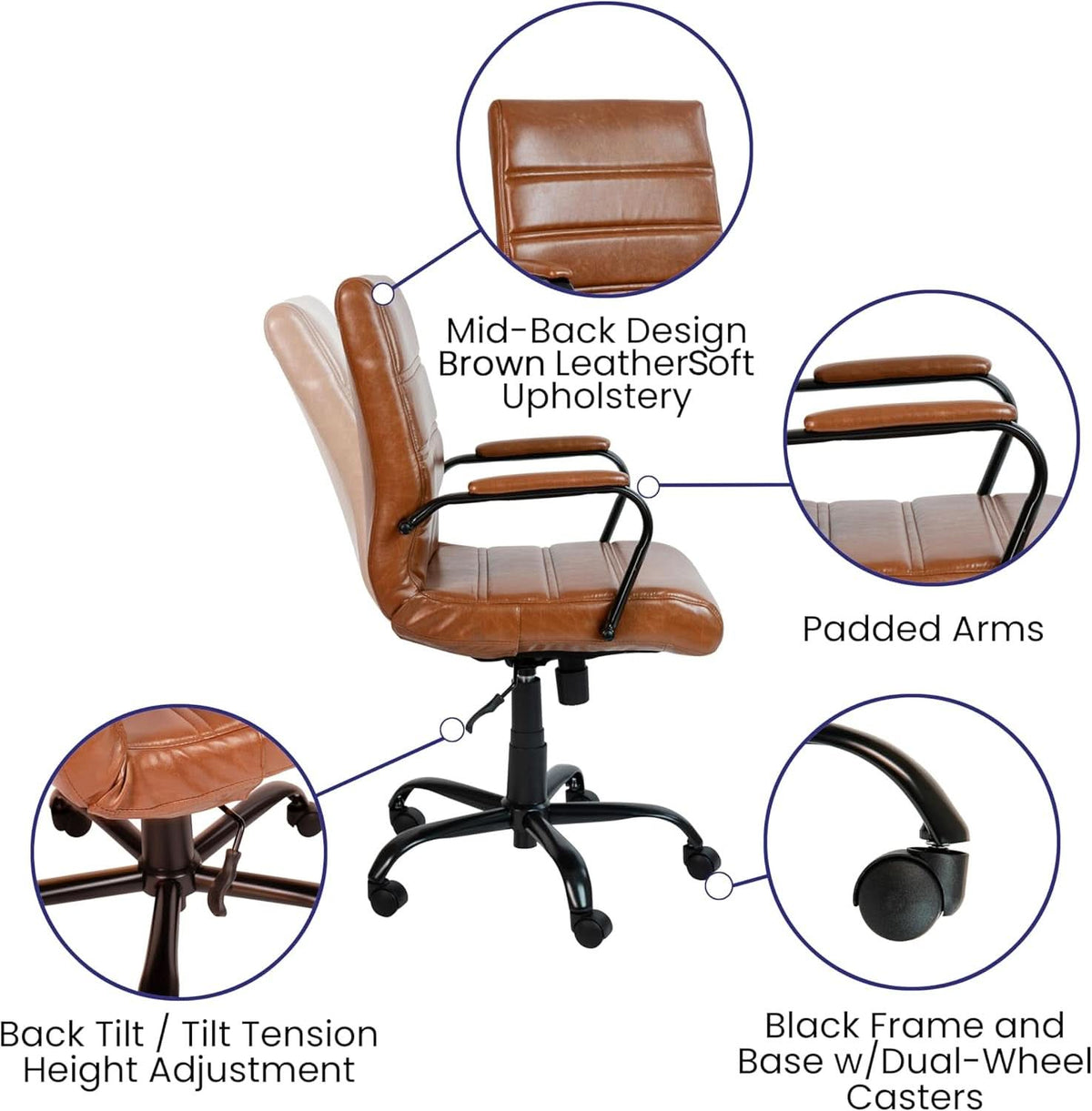 Whitney Mid-Back Leather Desk Chair Brown Black Adjustable Height