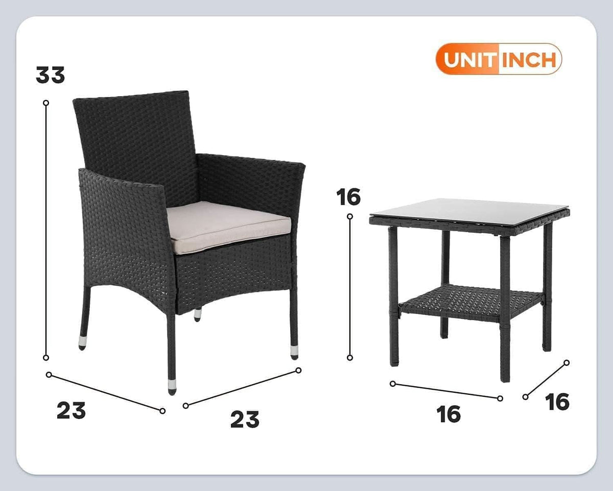 Wicker Bistro Set Cushioned Chairs Coffee Table Black Beige