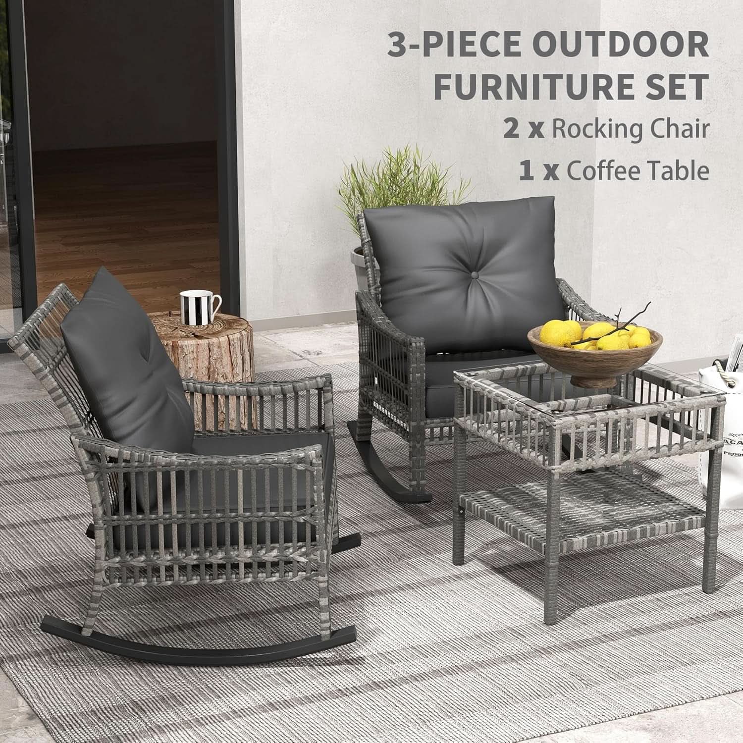 Wicker Outdoor Rocking Chair Set with Storage Table
